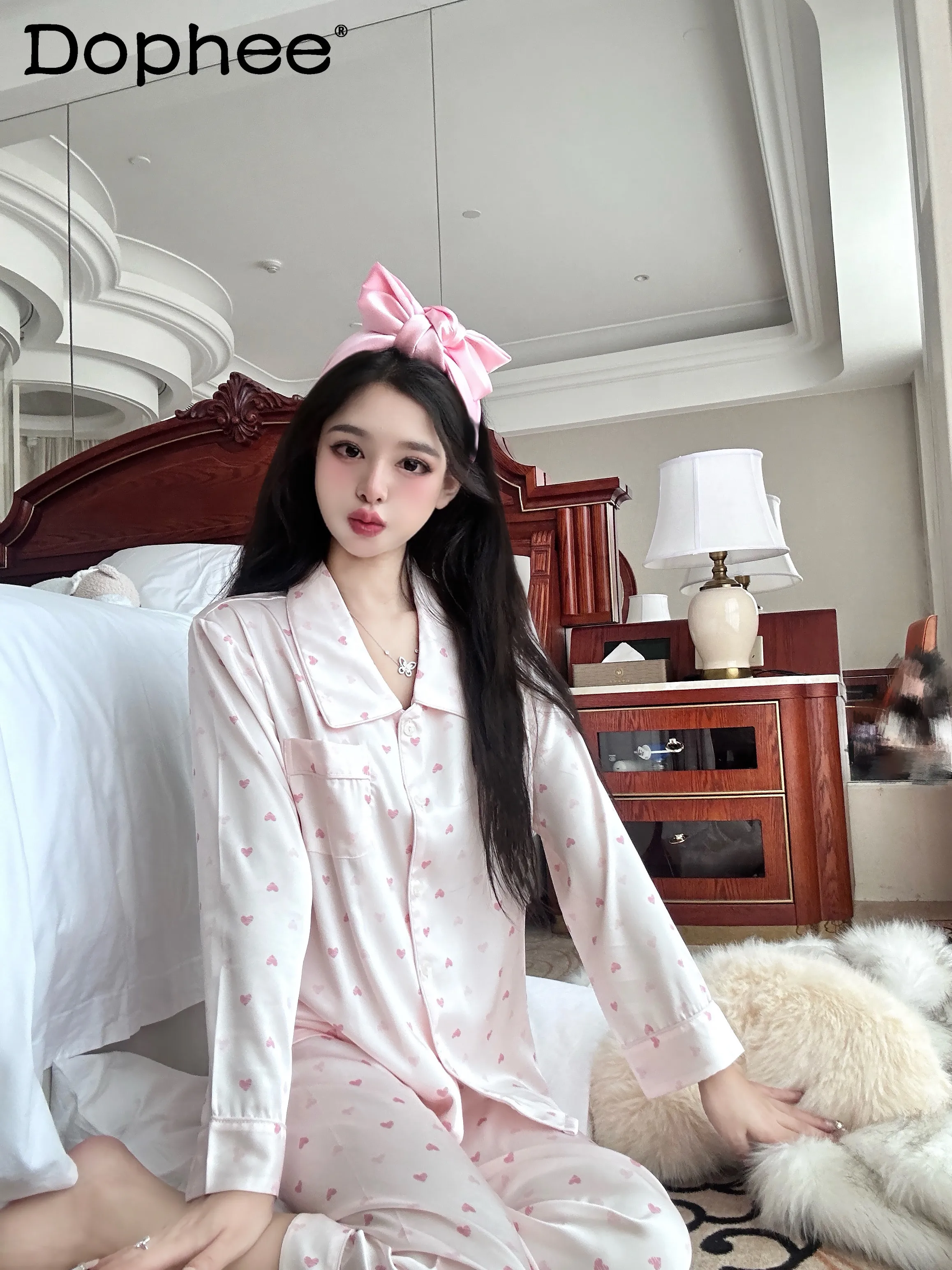 

Sweet and Simple Heart Ice Silk Long Sleeve Pajamas Spring and Autumn High-end Feel Cute Fresh Home Wear Set for Women