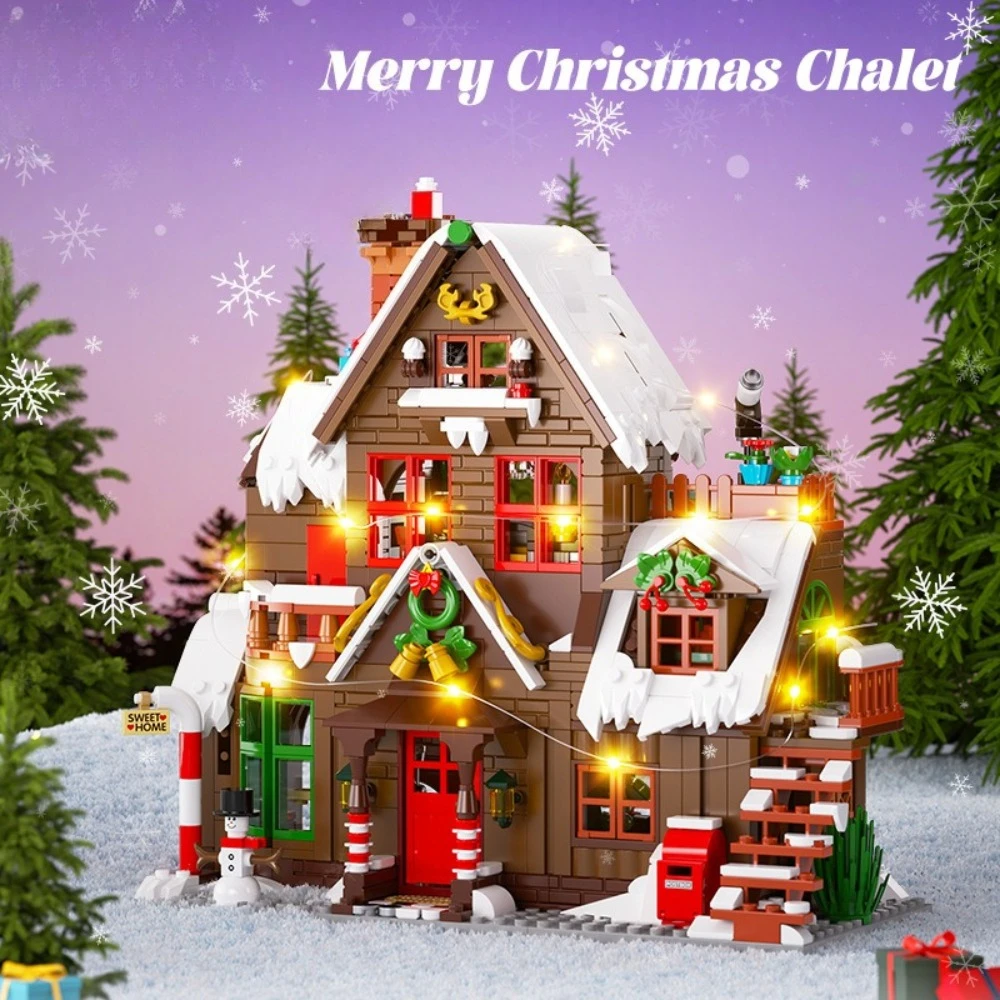 MOC كبير بهيجة عيد الميلاد خشبية الشتاء منزل اللبنات مجموعة الزنجبيل سقف الثلج كوخ مع ألعاب خفيفة الأطفال هدايا عيد الميلاد