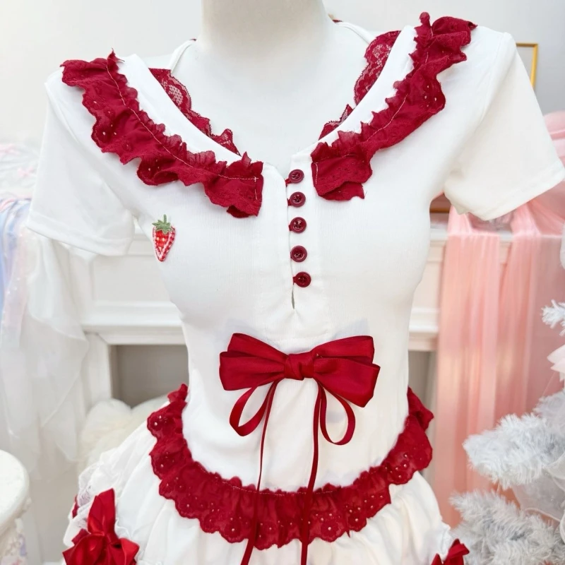 New Coquette Sweet Lolita Short Sleeve Dress Women Lace Trim Heart Strawberry Bow Ruched Waist Slim Fit Mini Dress Elegant Party view 3