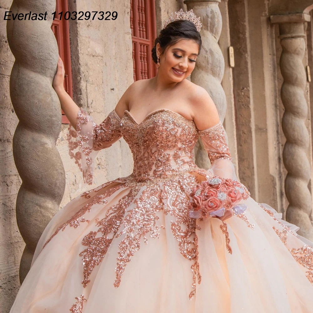 EVLAST Mexican Pink Quinceanera Dress Ball Gown Shiny Lace Applique Beading Ruffles Corset Sweet 16 Vestido De 15 Anos TQD929