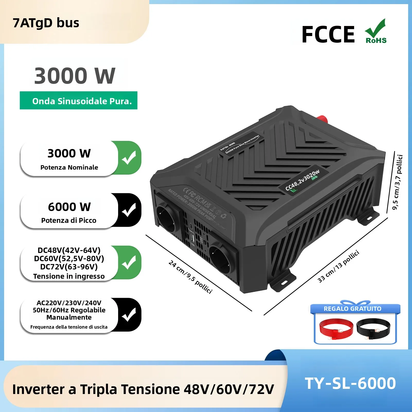 Inverter Auto DATOUBOSS 48V 60V 72V a Tripla Tensione, Potenza Continua 3000W, Frequenza Regolabile 50Hz/60Hz, Onda Sinusoidale Pura