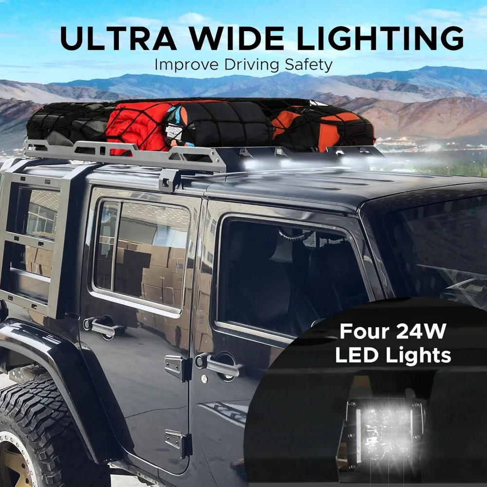 Багажник на крышу с лестницей, подходит для Jeep Wrangler JK 2007-2018, 4-дверный жесткий верхний багажник на крышу с 2 лестницей и 4 светодиодными фонарями и автомобилем