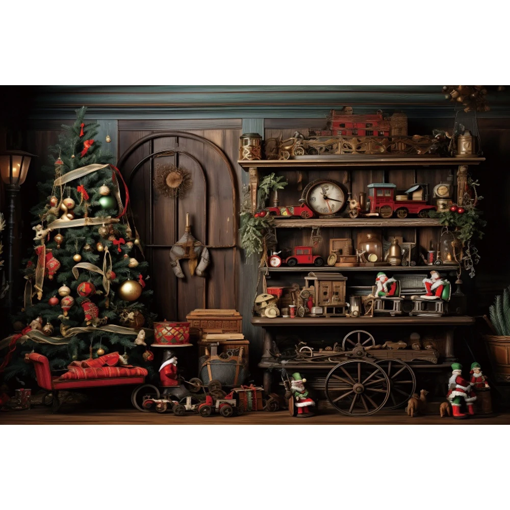 Christmas Vintage Warehouse Backdrop Xmas Tree Winter Wooden House Plank Shelf Toy Gift Family Party Photography Background Deco