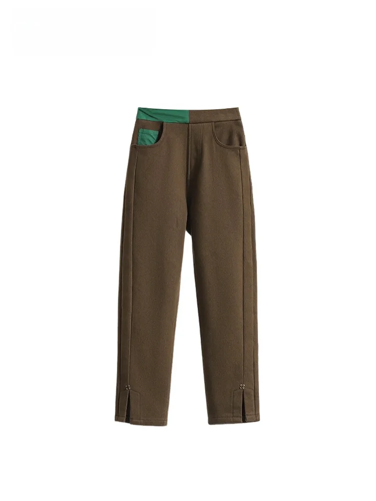 

High Waist Straight Leg Pants Women plus Size Faionable Spring Casual Cotton PU Elastic Fiber ket Detail Trousers