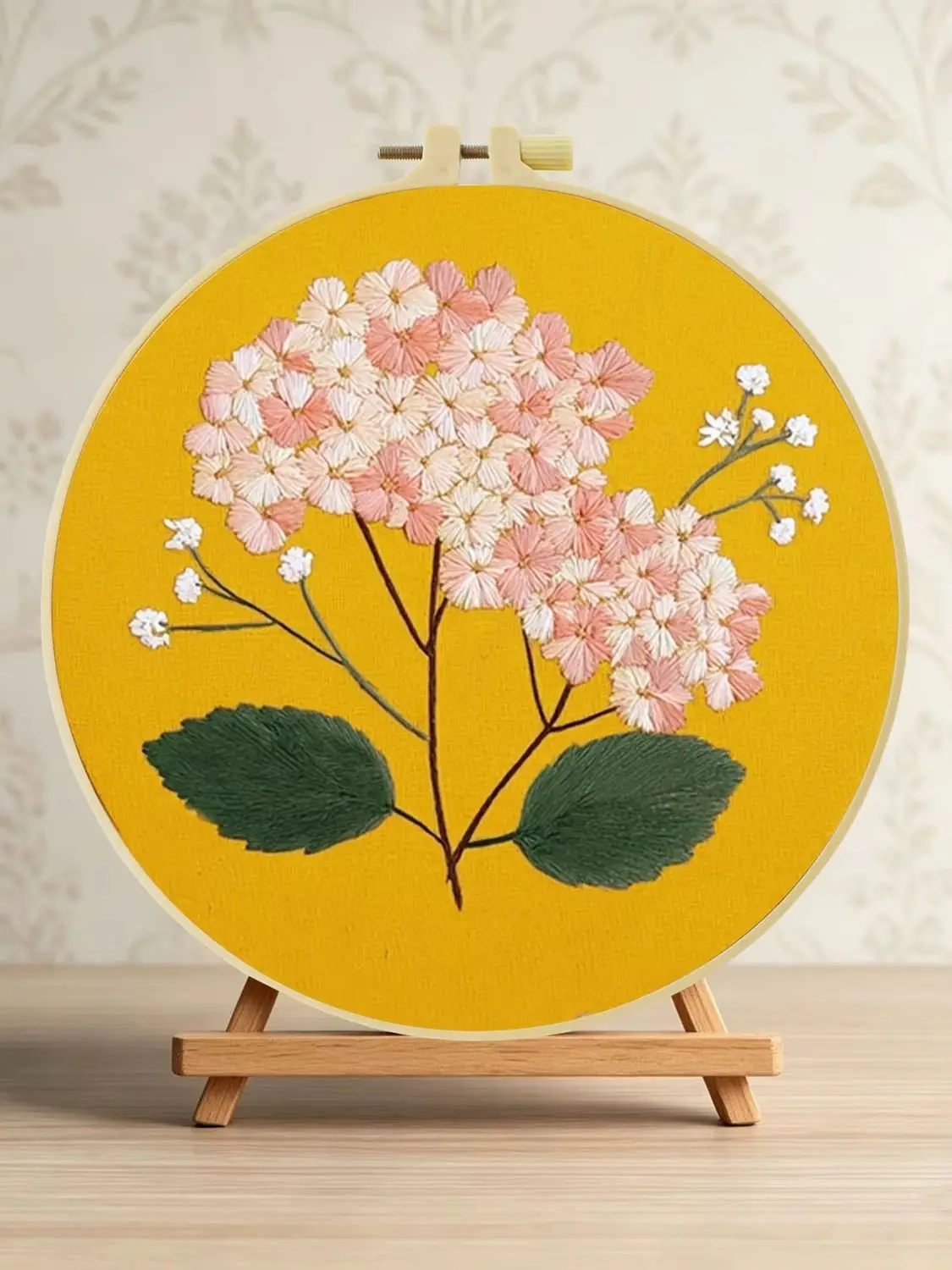 Rosa Hortensie auf Gelb 1 Stück DIY Stickerei-Material-Set für Anfänger Stickerei-Starter-Kit Kreuzstich-Kunst als Geschenk Nadelarbeit – Detail 1