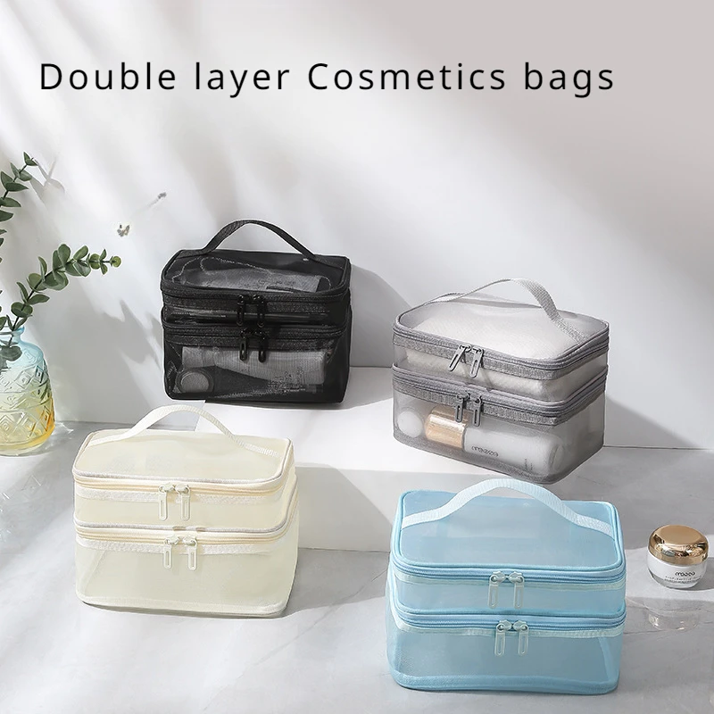 New Double Layer Zips Tulle Cosmetics Bags Solid Colour Transparent Storage Pouch Large Capacity Portable Handheld Makeup Bags