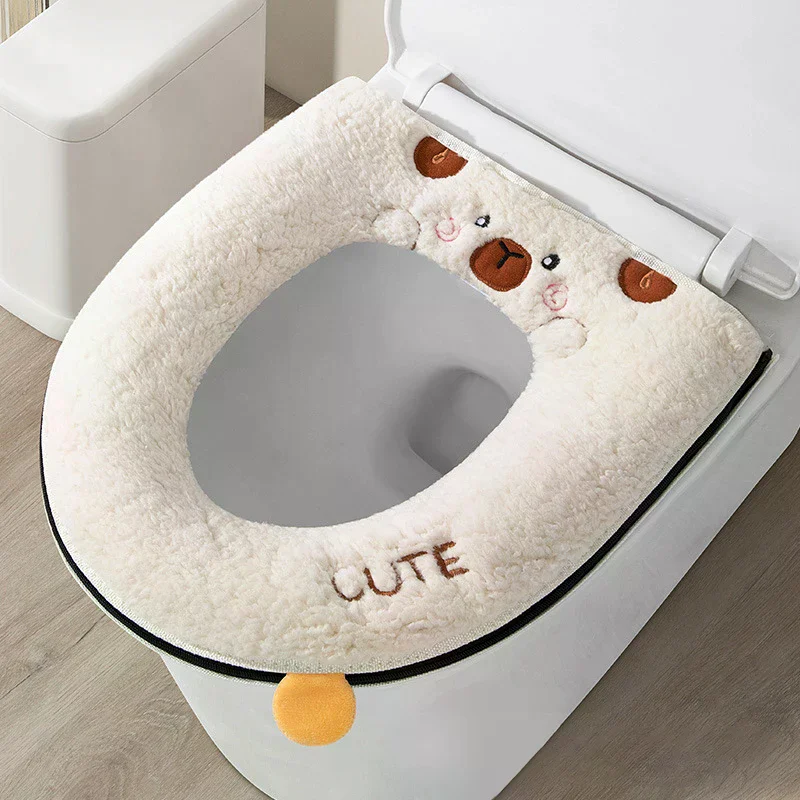 Winter Warm Toilet Seat Cover With Cartoon Bear Pattern Thicken Cushion Bathroom Essential Kids Friendly Cartoon Cover