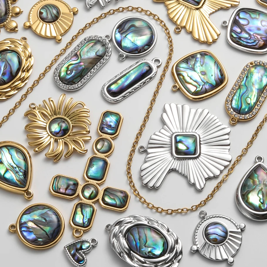 2 Stück echte natürliche Abalone-Muschel-Anhänger, großes Kreuz, Sonnenblume, rund, Edelstahl, Herzanhänger für Schmuckherstellung, Großhandel. – Detail 2