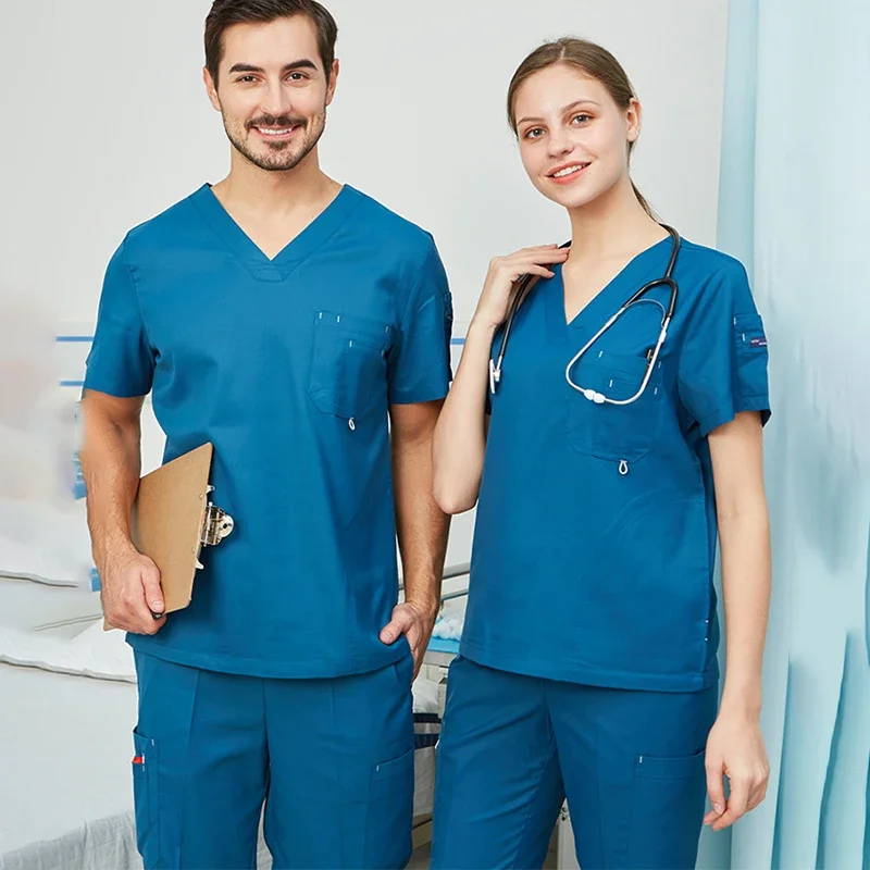 Scrub Set Uniform Nurse Workwear Nursing Top and Pant Women Men Solid Color Chlorine Bleach Resistance Heathered  Working Suit