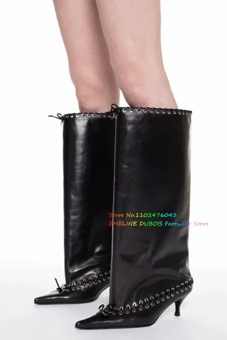 Black Leather Silver Metal Circle Knee High Boots Pointy Toe Contrasting Wide Sleeve Lace Up Sexy Thin High Heels Women Boot