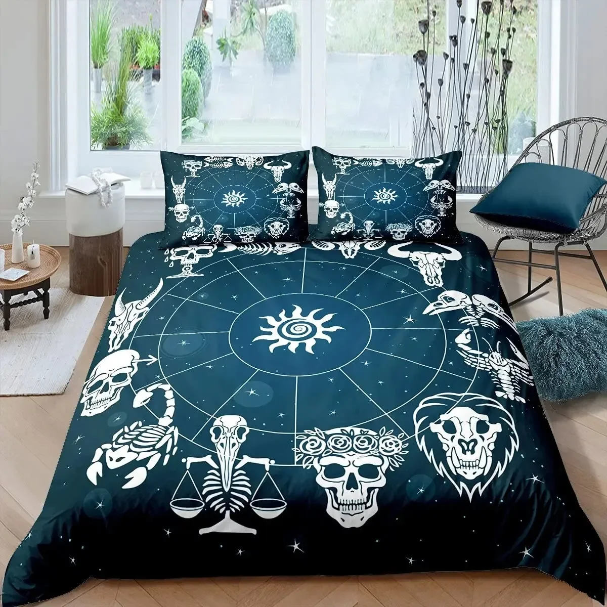 Astrology Duvet Cover Set Zodiac Astrology Signs Print Bedding Set for Teens Sun Moon Image Circle Comforter Cover Quilt Cover