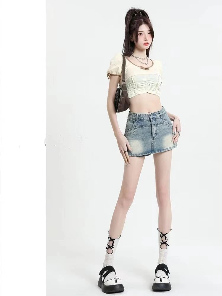 American Spice Denim Half-body Skirt Women Summer Design Sense Slim High Waist Package Hip Skirt Small A-line Skirt Shorts