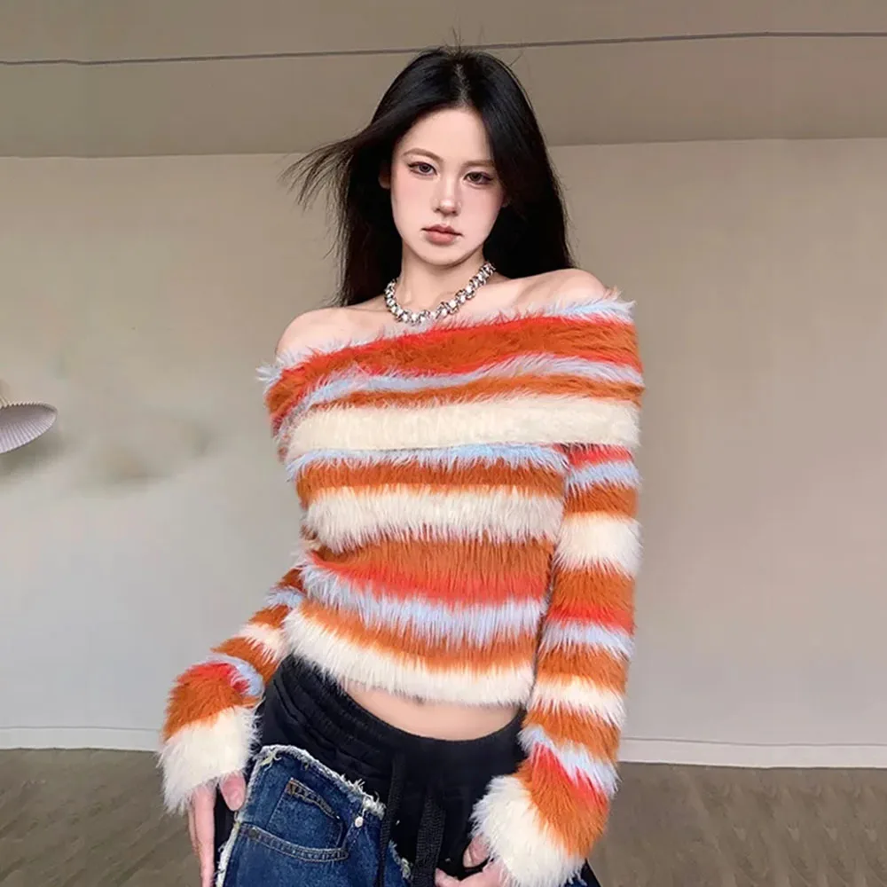 

2024 New American Street Retro Sweater Ladies Stripe Sexy Slash Neck Pullovers Women Lazy Style Off Shoulder Slim Tops Knitwears