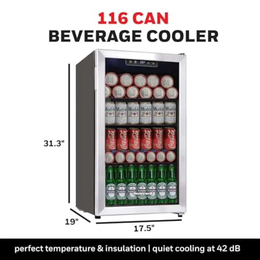 Beverage Refrigerator and Cooler, 116 Can Mini Fridge with Glass Door for Office or Bar, Stainless Steel, Black, Commercial Gra view 3