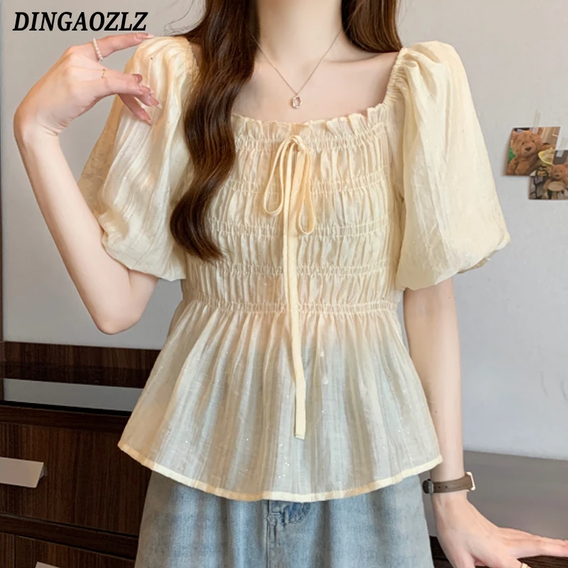 

French Square Collar Women Tops Puff Sleeve Pleated Shirt Slim Sweet Lace Up Ruffles Summer Blouse