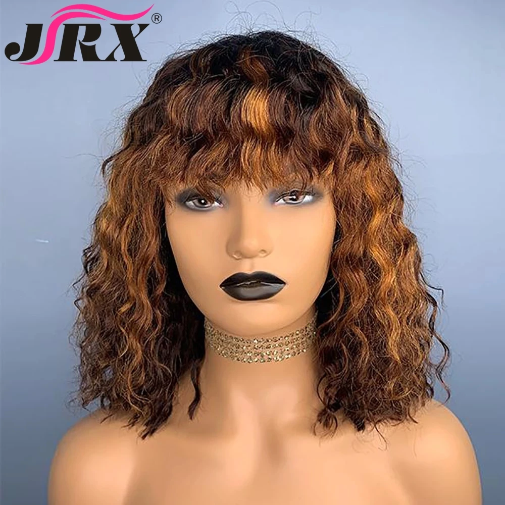 

Highlight Peruvian Curly Human Hair Wigs with Bangs Short Bob Jerry Curly Full Machine Made Wigs for Women Remy Fringe Wigs