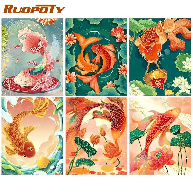 

RUOPOTY Coloring By Number Fish Animals DIY Frame Wall Art Pictures By Number Handpainted For Adults Home Decor 50x40cm