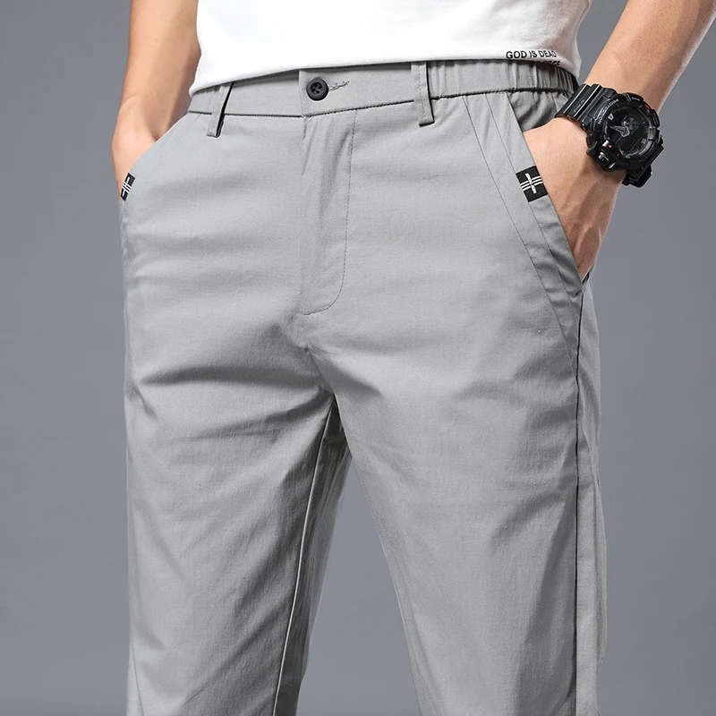 Spring Summer Pants Mens Stretch Korean Casual Slim Fit Elastic Waist Business Classic Trousers Male Black Gray Long Pants Men