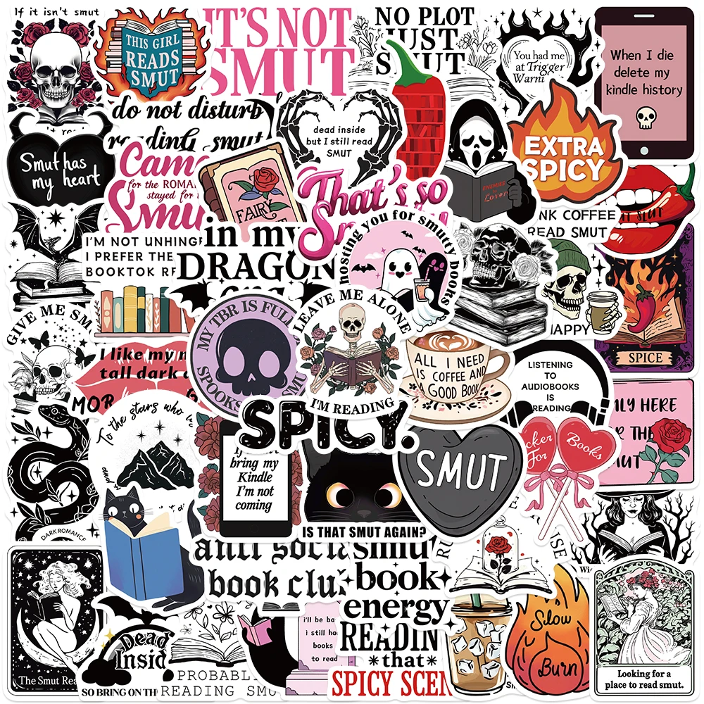 50pcs Retro Cartoon Aesthetic Skull Reader Spicy Witch Smut Stickers For Laptop Water Bottle Luggage Notebook Waterproof Decals