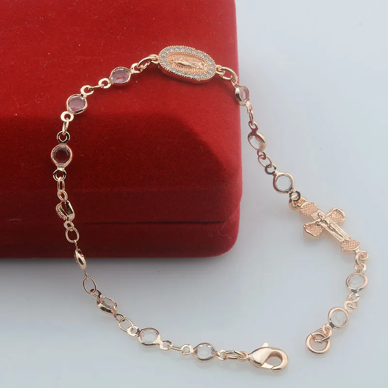 2 Color Women 585 Rose Gold Color White Colorfuly Stone With Cross Oval Wristband Bracelet Link Chains