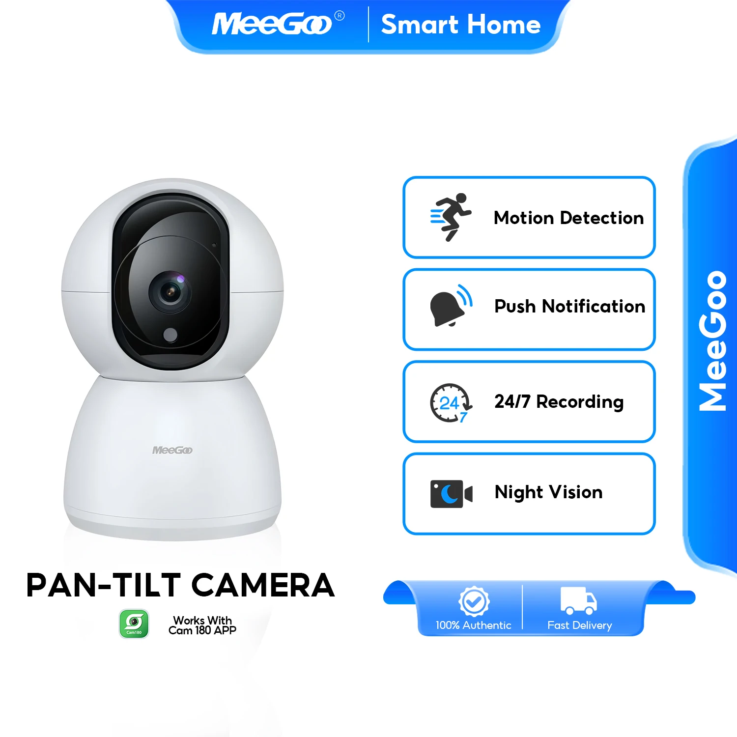 MeeGoo 3MP WiFi Pan-Tilt Camera, 10m IR Night Vision, Two-Way Audio, Humanoid Tracking,  Indoor Baby Night Vision 360° Pan