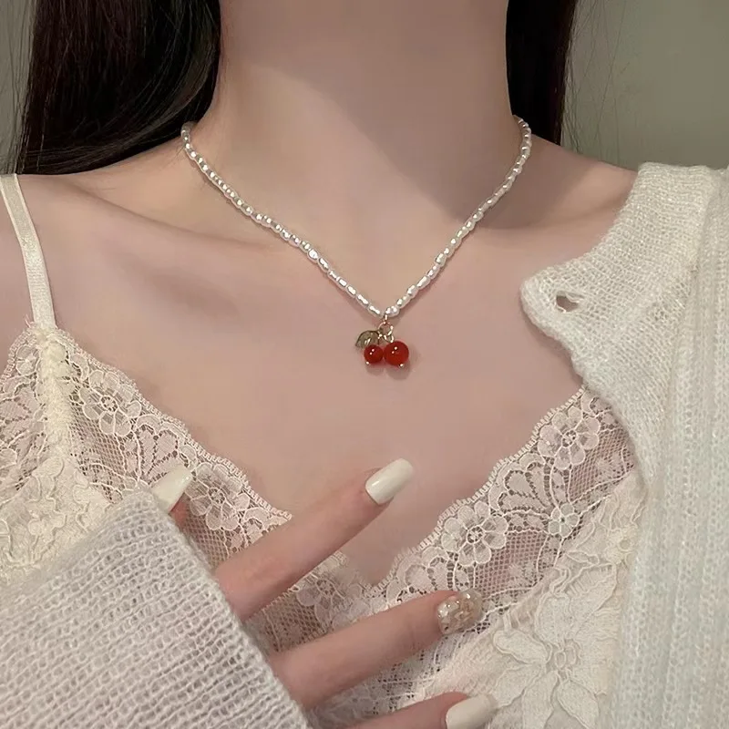 Cute Cherry Pearl Necklace for Women Baroque Pearl Clavicle Chain Collar Necklace Girls Neck Chains Statement Choker Jewelry