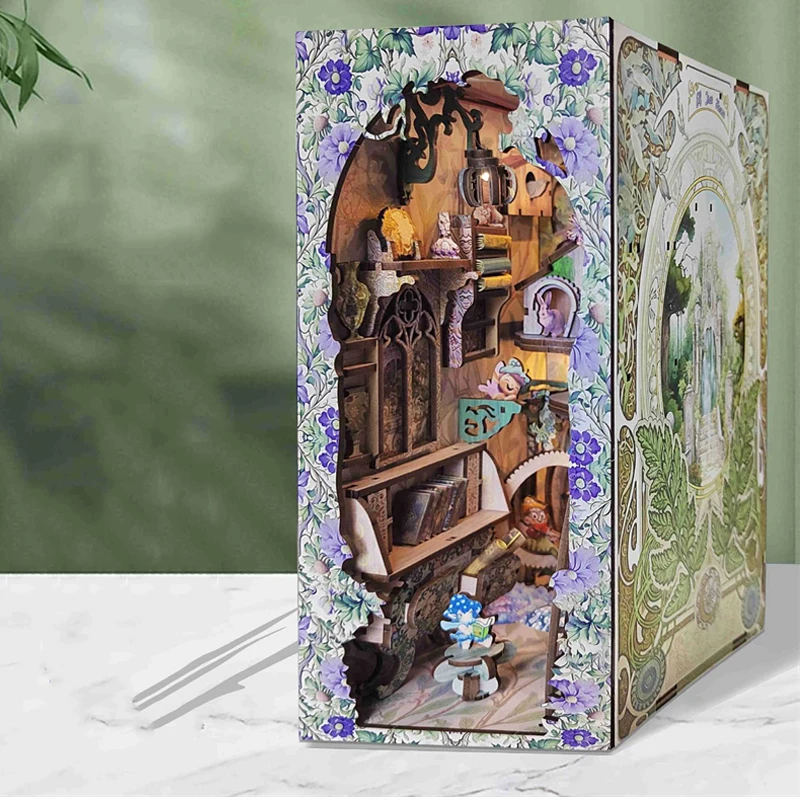 DIY Wooden Book Nook Shelf Insert Kits Miniature Building Happy Elf Castle Bookends Bookshelf Dollhouse for Friends Xmas Gifts