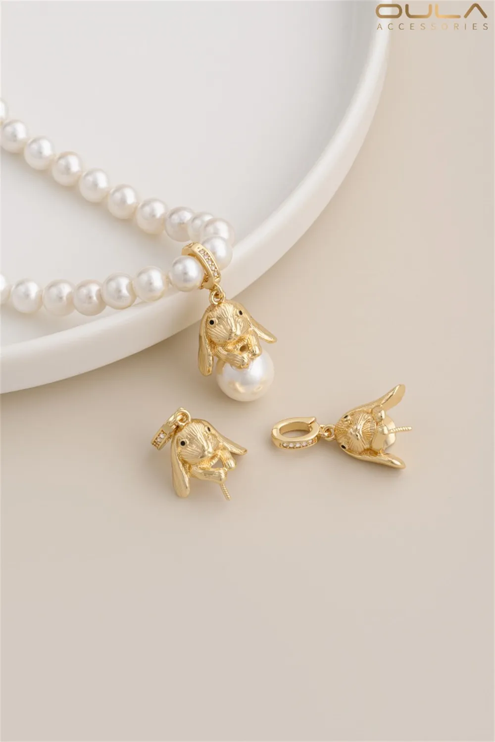 14K Gold-wrapped Melon Seed Rabbit Bead Holder Pendant, Long-eared Rabbit Diy Handmade Sticky Crystal Pearl Necklace Pendant