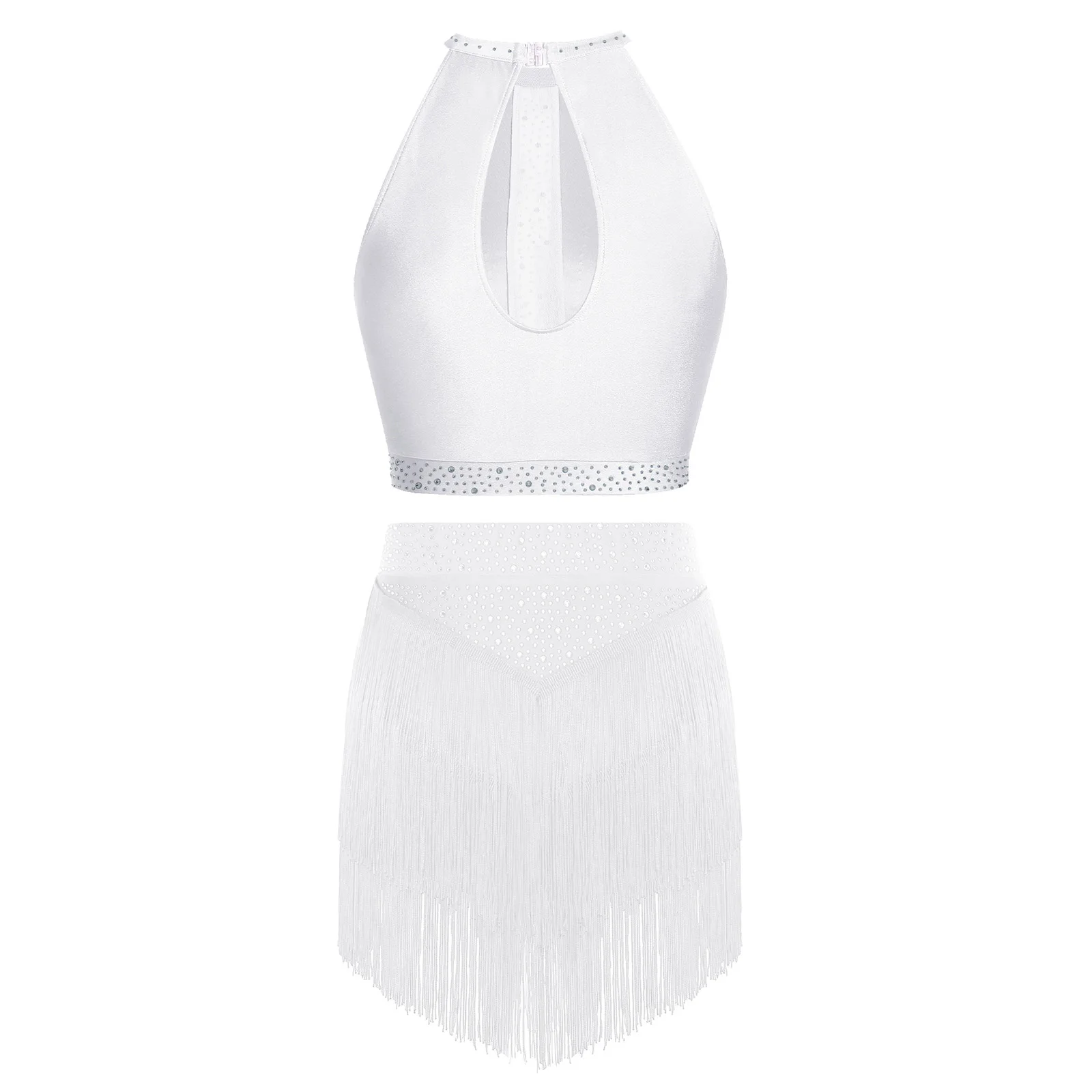 Womens Latin Jazz Dance Outfit Sleeveless Rhinestone Top Keyhole Back Top with Tiered Tassel Skirt for Cha Cha Salsa Tango Show