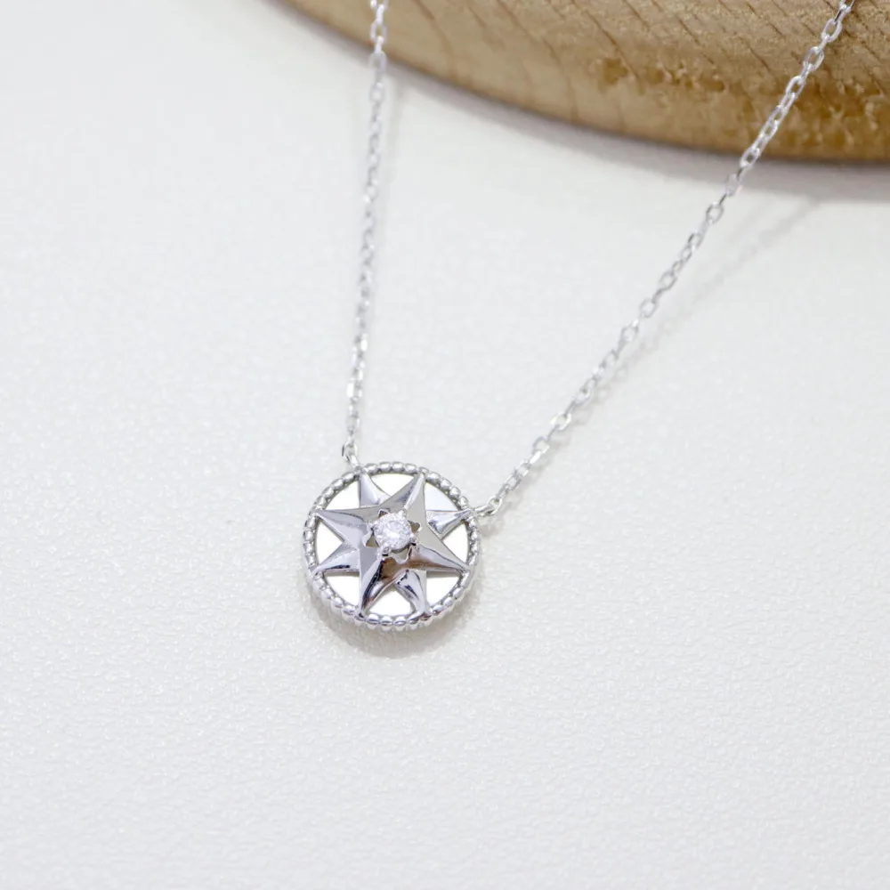 

GL S925 Pure Silver Fashion Octagon Star Compass Necklace with Natural White Pearl AB Surface Choker Chain for Sweaters