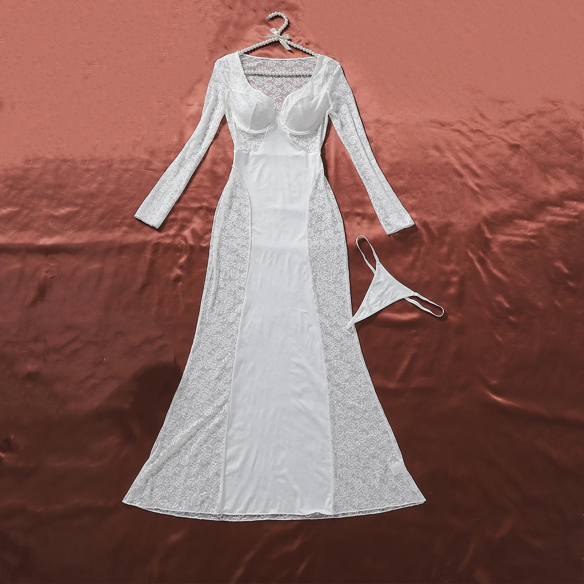 

2026 Fashion French Rose Embroidery Lace Exotic Dresses Women's Sexy Sheer Long Sleeve Dress Female White Skirt with Thong Set