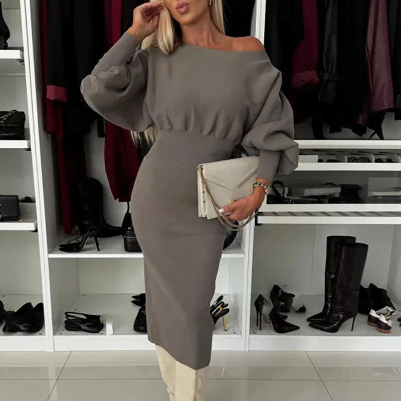 Office Fashion Hight Waist Slim Party Dress Casual Batwing Long Sleeve Hip Wrap Dress Women Elegant Slash Neck  Solid Long Dress