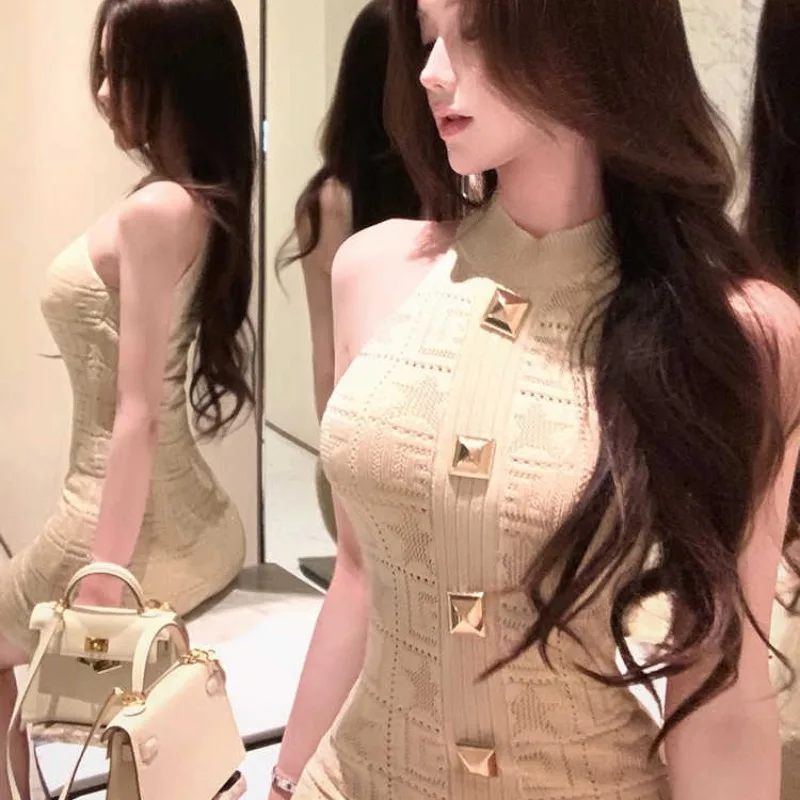 مثير محبوك فستان بلا أكمام المرأة الرسن الرقبة الجوف خارج قبالة الكتف فستان قصير Bodycon