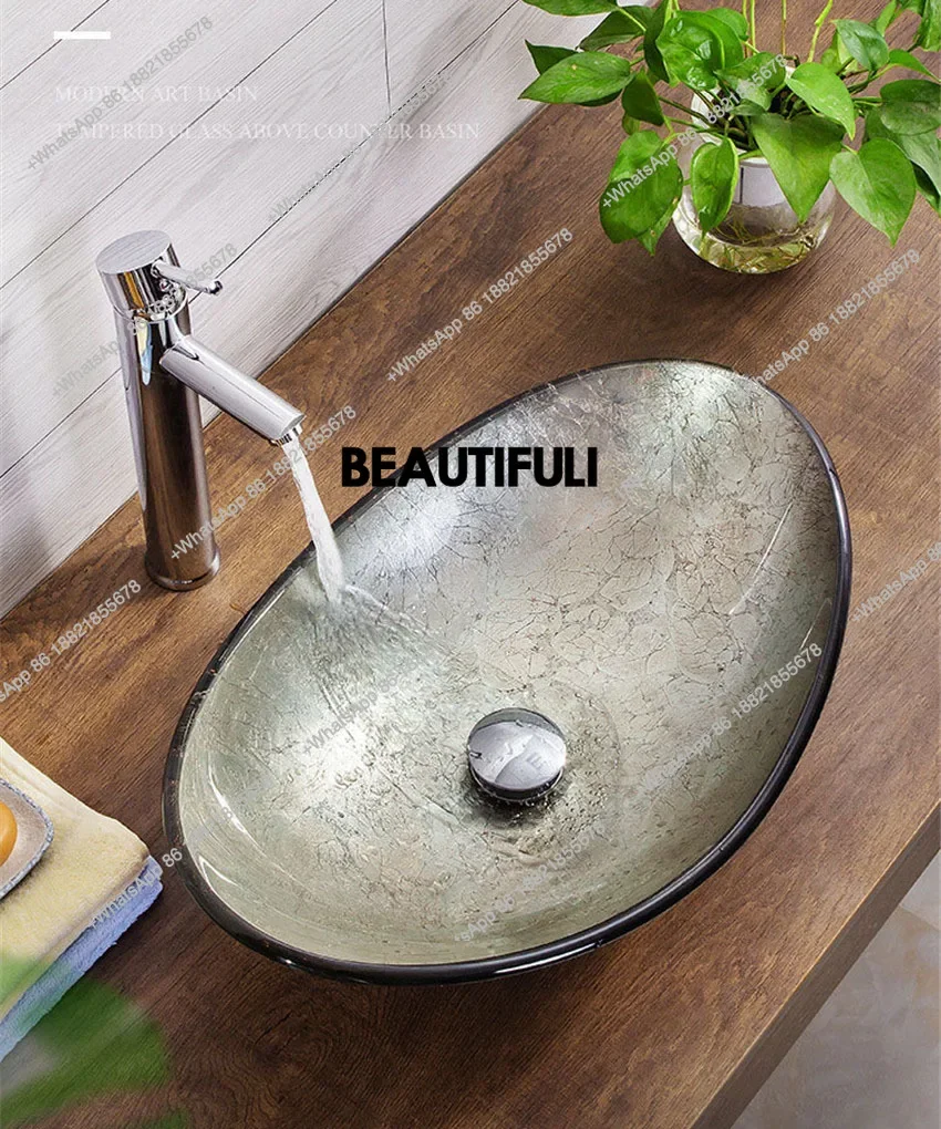 

HR New Oval Washbasin Unique Tempered Glass Basin Sink Faucet Set Ingot Shape Bright Bend Clear Modern Design W/ Chrome Tap Dr