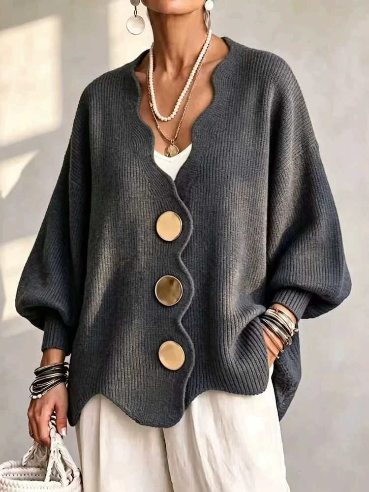 Winter Autumn Women's Knitted Fashion Oversized Cardigan V-neck Sweater Elegant Loose Coats Long Sleeved Tops Ladies Clothing