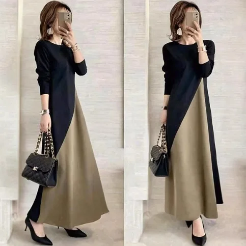컬러 블록 A라인 미디 드레스 긴 소매 라운드 넥 기본 스커트 봄 여성 우아한 면 폴리에스터 트리아세테이트 섬유