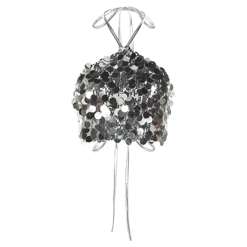 

Wind 2023 Summer New Women's Fashion Sexy Hanging Neck Open Back Sequin Small Tank Top For Women