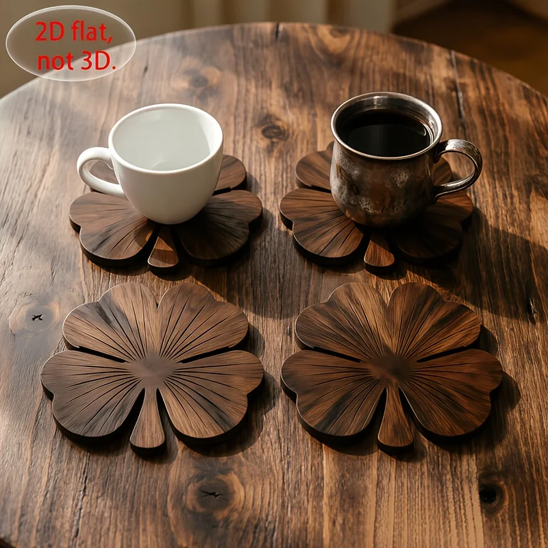 4Pcs 2D Flat Clover Wooden Coasters, Walnut‑Tone Desktop Protector Set for Coffee Tea Drinking Cups - view 2