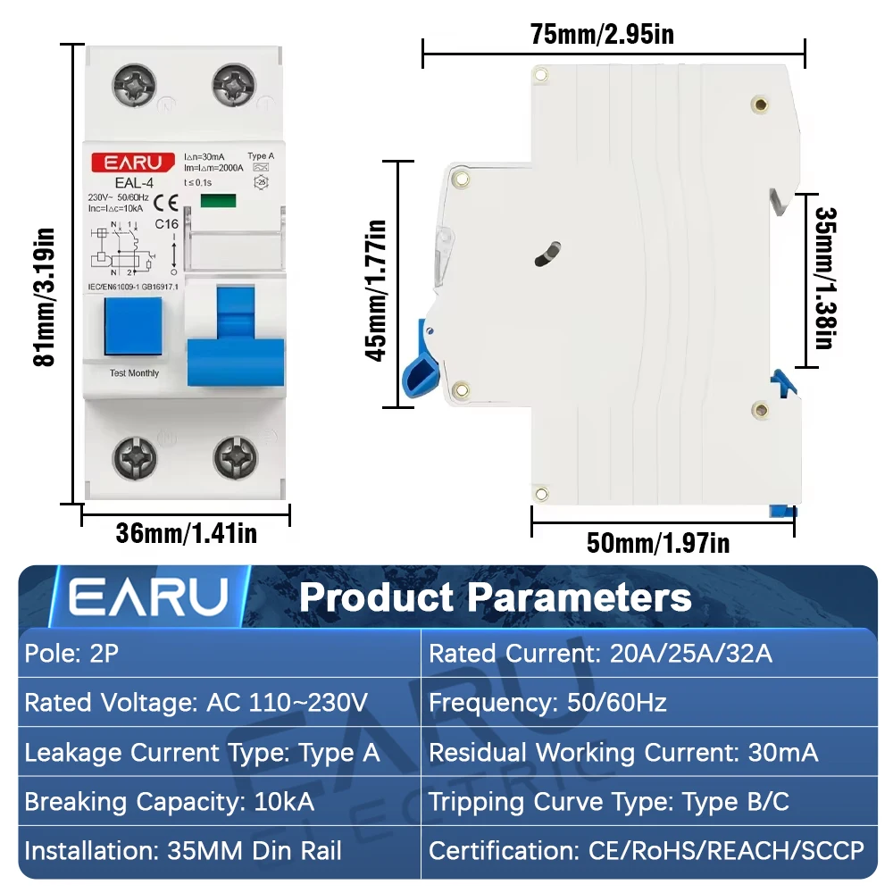 EARU 2P L7 Type 30mA MCB RCCB RCBO B C Curve Residual Current Circuit Breaker Over Load Short Circuit Current Leakage Protection