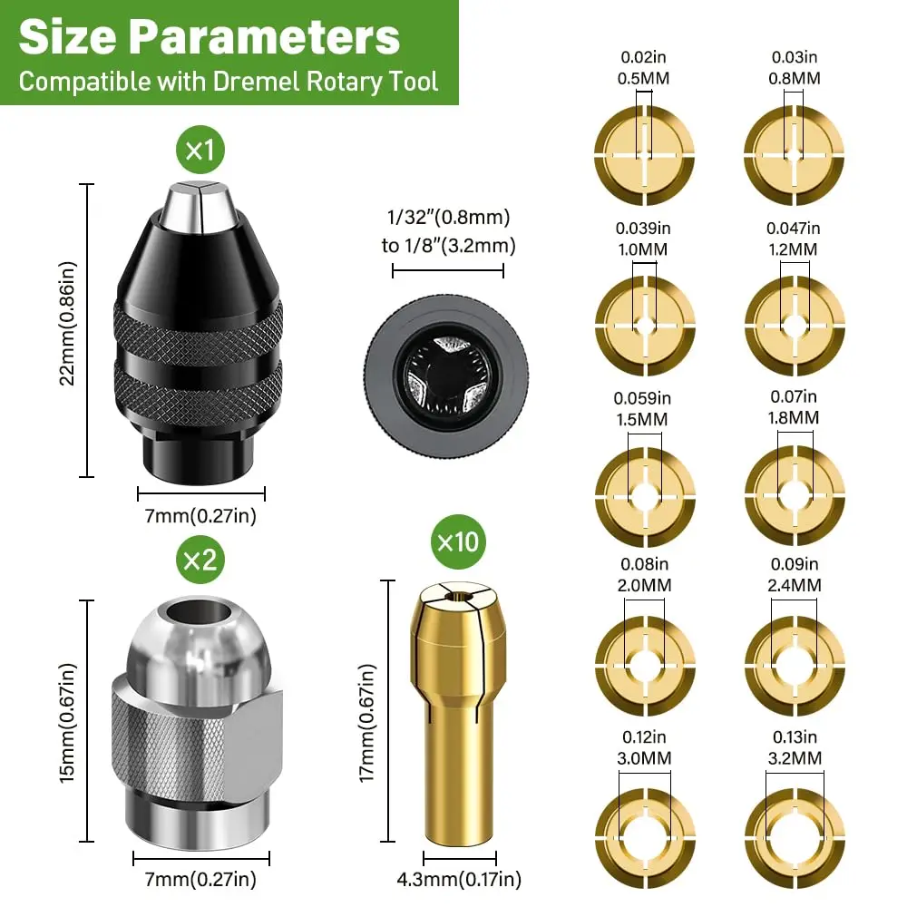 15PCS Drill Chuck Collet Set for Dremel,0.8-3.2mm Rotary Tool Collets,4486 Keyless Chuck with 4485 Brass Collet Metal Nut Kit
