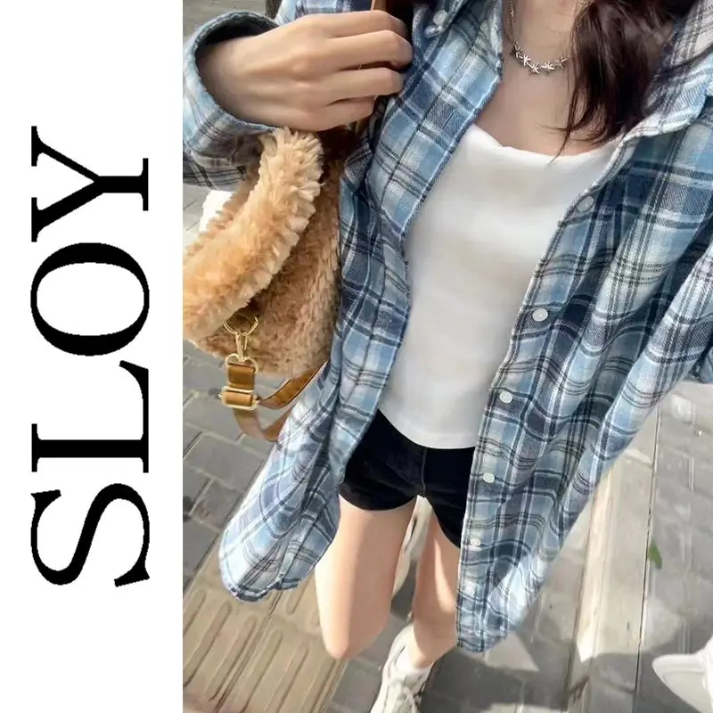 SLOY Korean Trendy Blue Plaid Long Sleeved Thin Shirt for Women\'s Summer New Loose Meat Covering Sunscreen Top Trendy