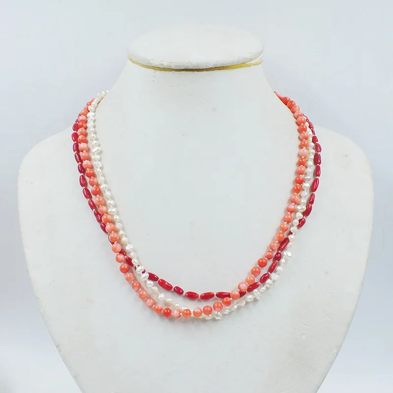 4MM 3-strand natural pearl/coral necklace. Best Birthday Gift for Girls 19”