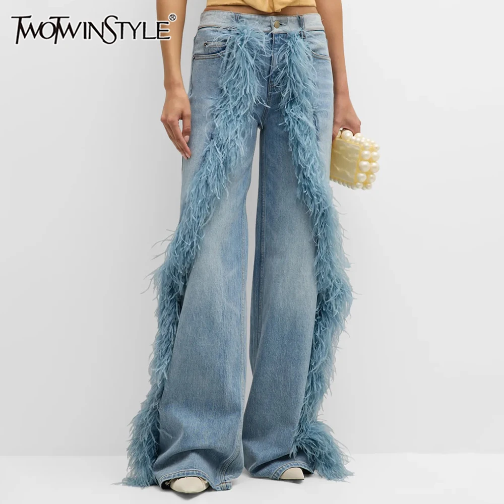 TWOTWINSTYLE Solid Spliced Feather Jeans For Women High Waist Patchwork Button Chic Designer Demin Pants Female Fashion Style