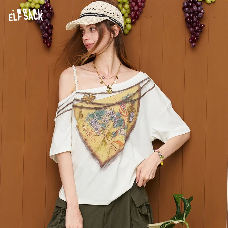 

ELFSACK Off-Shoulder T-Shirt with Fox Print & Bow Back, Cute Asymmetrical Short Sleeve Tee with Decorative Pendants