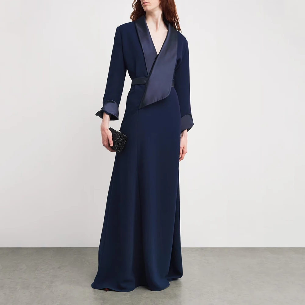 

Modern Navy Evening Gown A Line Long Sleeves Prom Dress V Neck Saudi Dress Floor Length Formal Party Dress