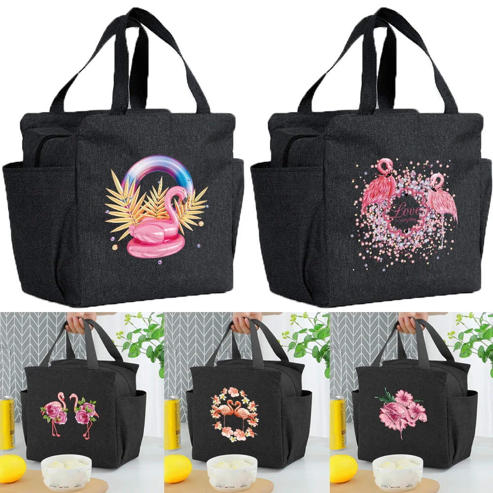 New Lunch Bags for Women Portable Insulated Canvas High Capacity Lunch Bag Printing Flamingo Series Food Box Thermal