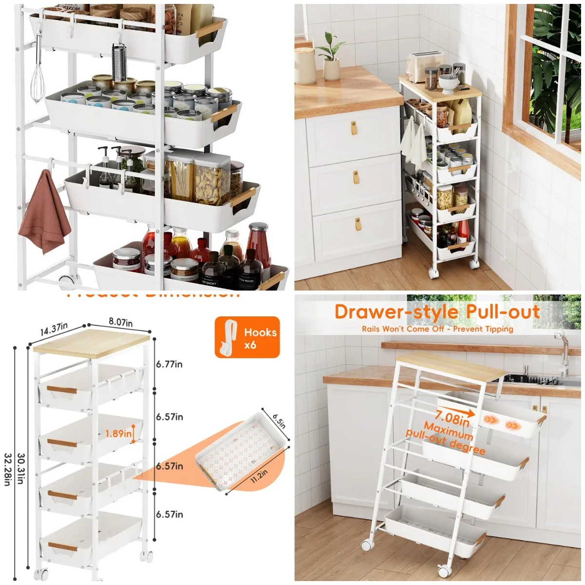 

5-уровневая тонкая тележка на колесиках, кухонная тележка с деревянной столешницей и выдвижными корзинами, белая