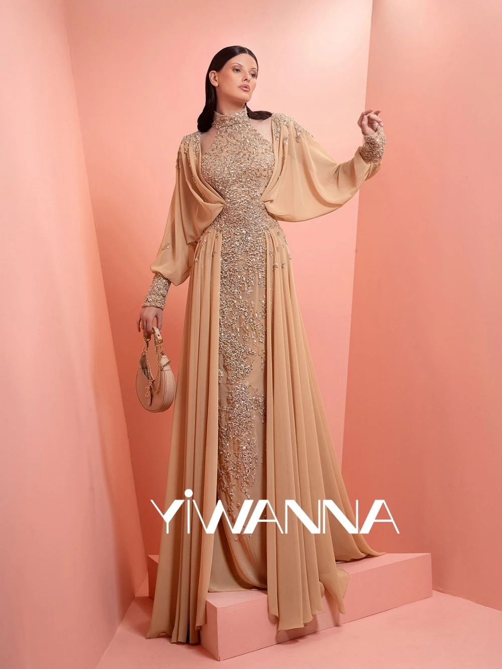 

New Embroidery Beaded A-line Chiffon Evening Dress Modest High Collar Long Sleeved Mother Of The Bride Dresses Customized Gown