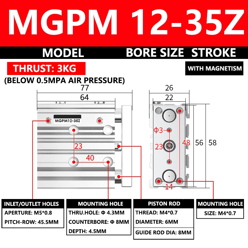 

ABILKEEN MGPM Series Pneumatic Compact Guide Cylinder MGPM12-35Z 12MM Bore X 35MM Stroke Thin Three Axis Three Rod Air Cylinder