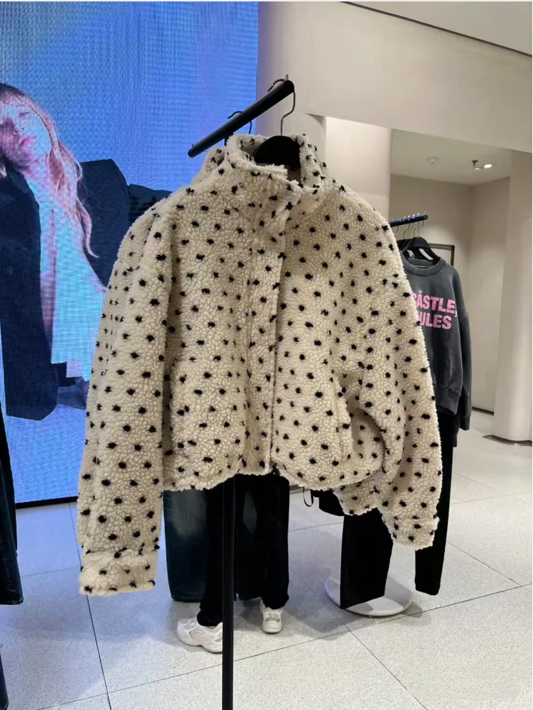 

Warm Fce Lined Lamb Fur Jaet Stand Collar round Dot Pattern Women's Outerwear ort Coat Sweet Sle Winter New Arrival